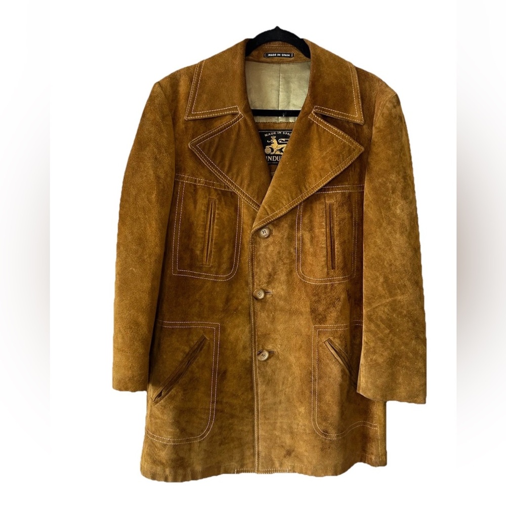 VTG 70s INDUYCO Spain Suede Leather Coat Oversized Collar Unisex M True Vintage